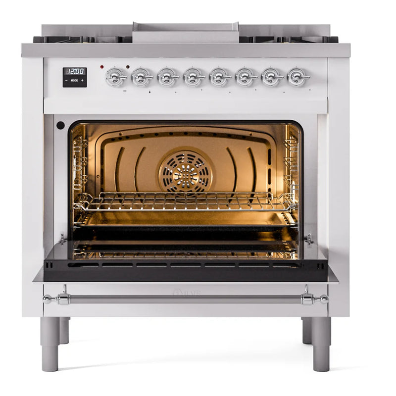 ILVE Nostalgie II 36" Dual Fuel Freestanding Range in White with Chrome Trim, UP36FNMPWHC