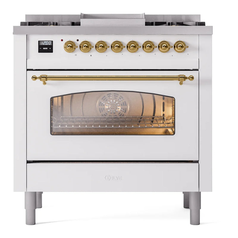 ILVE Nostalgie II 36" Dual Fuel Freestanding Range in White with Brass Trim, UP36FNMPWHGLP