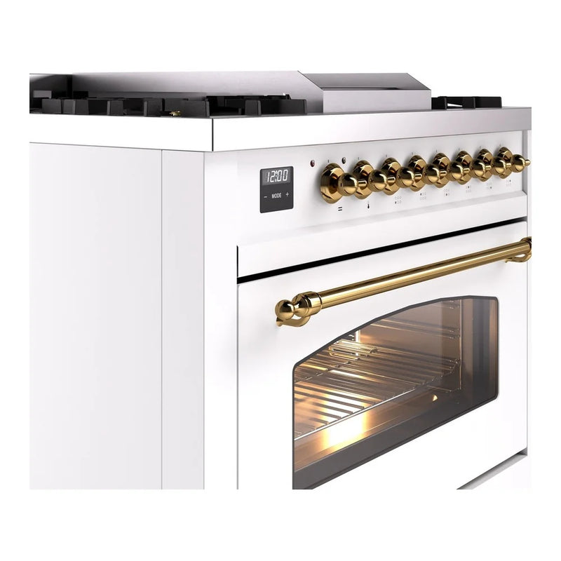 ILVE Nostalgie II 36" Dual Fuel Freestanding Range in White with Brass Trim, UP36FNMPWHGLP