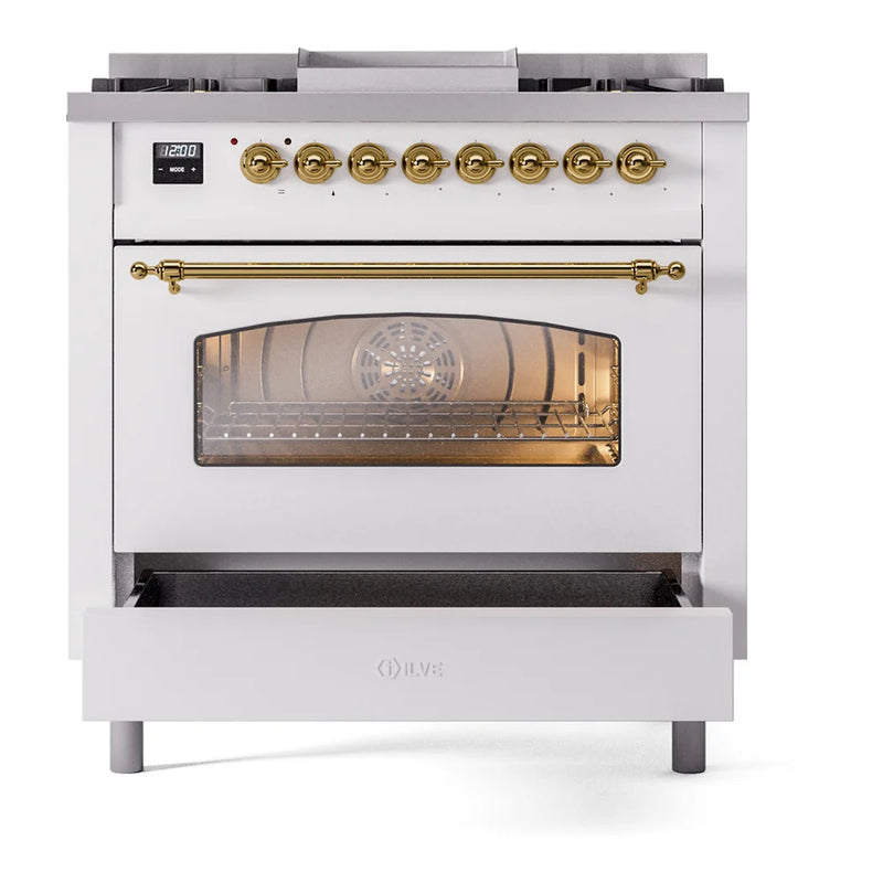 ILVE Nostalgie II 36" Dual Fuel Freestanding Range in White with Brass Trim, UP36FNMPWHG