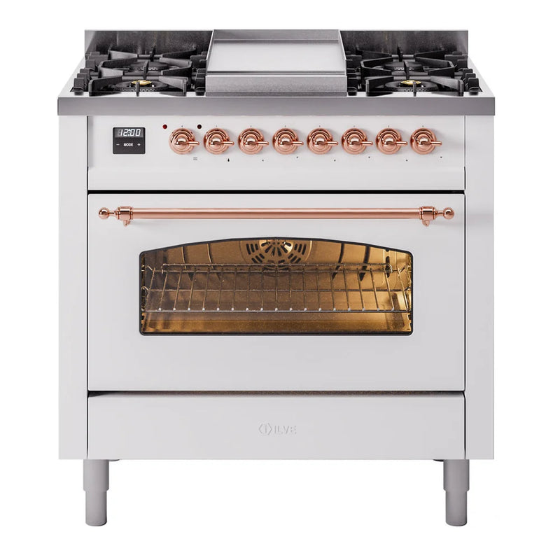 ILVE Nostalgie II 36" Dual Fuel Freestanding Range in White with Copper Trim, UP36FNMPWHPLP