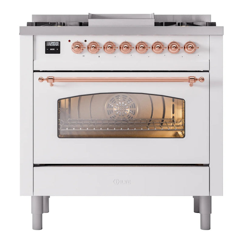 ILVE Nostalgie II 36" Dual Fuel Freestanding Range in White with Copper Trim, UP36FNMPWHPLP