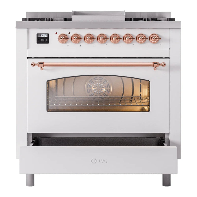 ILVE Nostalgie II 36" Dual Fuel Freestanding Range in White with Copper Trim, UP36FNMPWHPLP