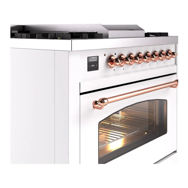 ILVE Nostalgie II 36" Dual Fuel Freestanding Range in White with Copper Trim, UP36FNMPWHPLP