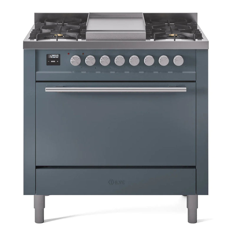 ILVE Professional Plus II 36" Dual Fuel Freestanding Range in Blue Grey with Stainless Steel Trim, UP36FQMPBG
