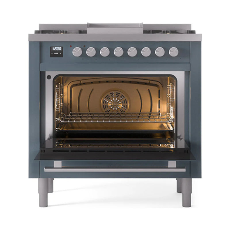 ILVE Professional Plus II 36" Dual Fuel Freestanding Range in Blue Grey with Stainless Steel Trim, UP36FQMPBG