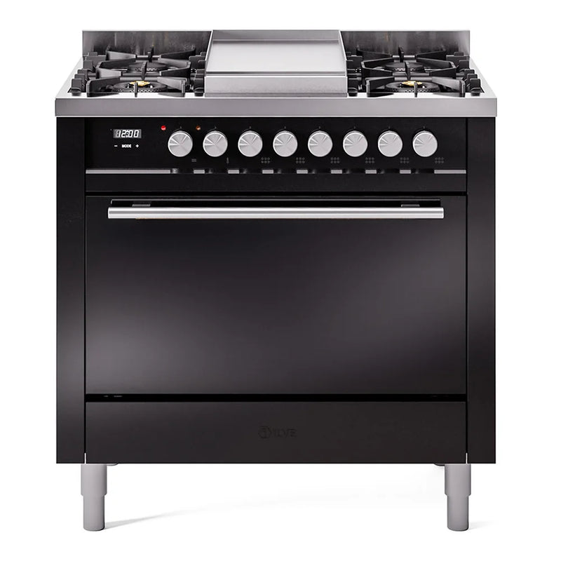 ILVE Professional Plus II 36" Dual Fuel Freestanding Range in Glossy Black with Stainless Steel Trim, UP36FQMPBK