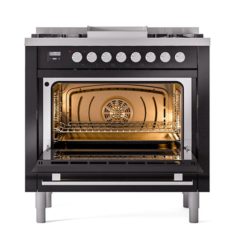 ILVE Professional Plus II 36" Dual Fuel Freestanding Range in Glossy Black with Stainless Steel Trim, UP36FQMPBK