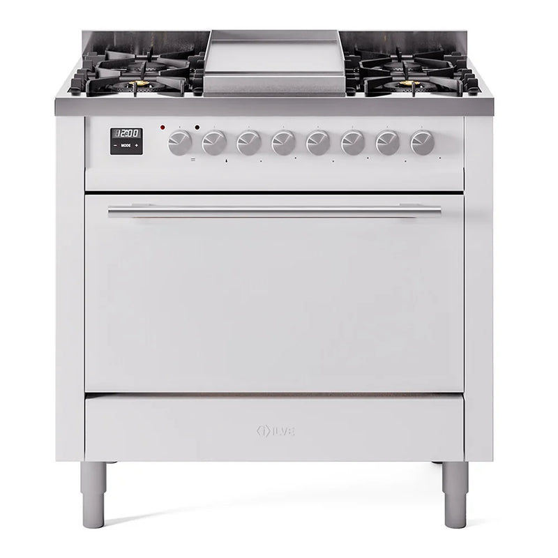 ILVE Professional Plus II 36" Dual Fuel Freestanding Range in White with Stainless Steel Trim, UP36FQMPWH