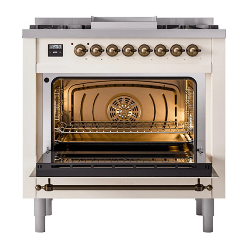 ILVE Nostalgie II 36" Dual Fuel Freestanding Range in Antique White with Burnished Trim, UP36FQNMPAWBLP