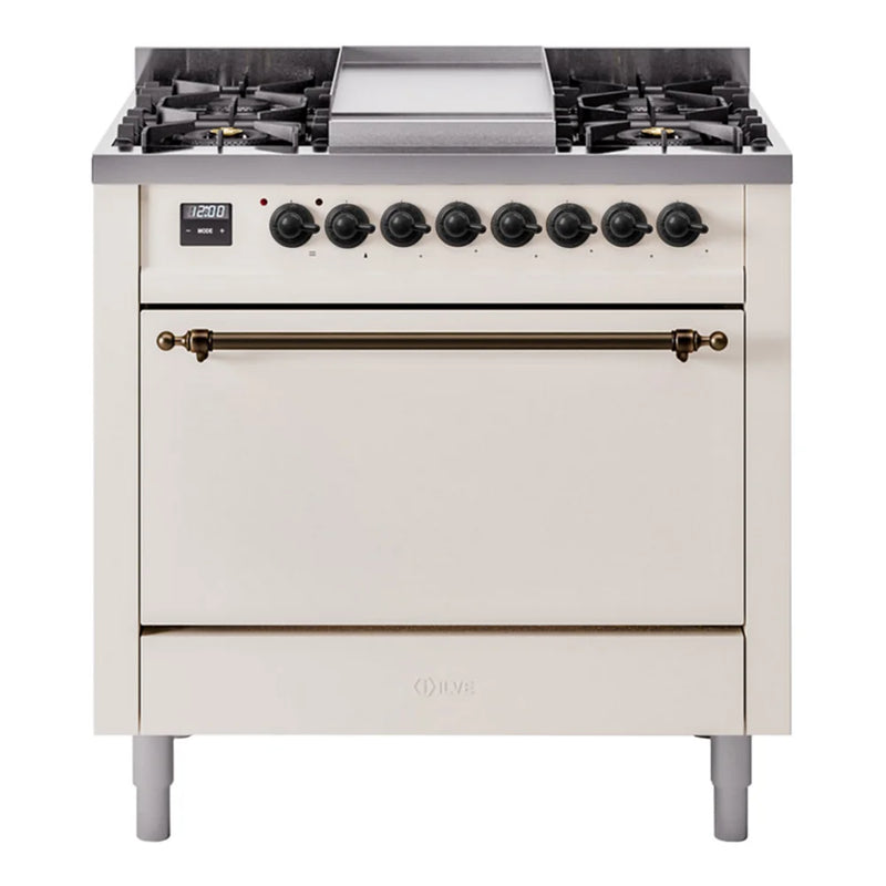 ILVE Nostalgie II 36" Dual Fuel Freestanding Range in Antique White with Burnished Trim, UP36FQNMPAWB