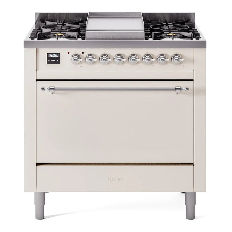 ILVE Nostalgie II 36" Dual Fuel Freestanding Range in Antique White with Chrome Trim, UP36FQNMPAWCLP