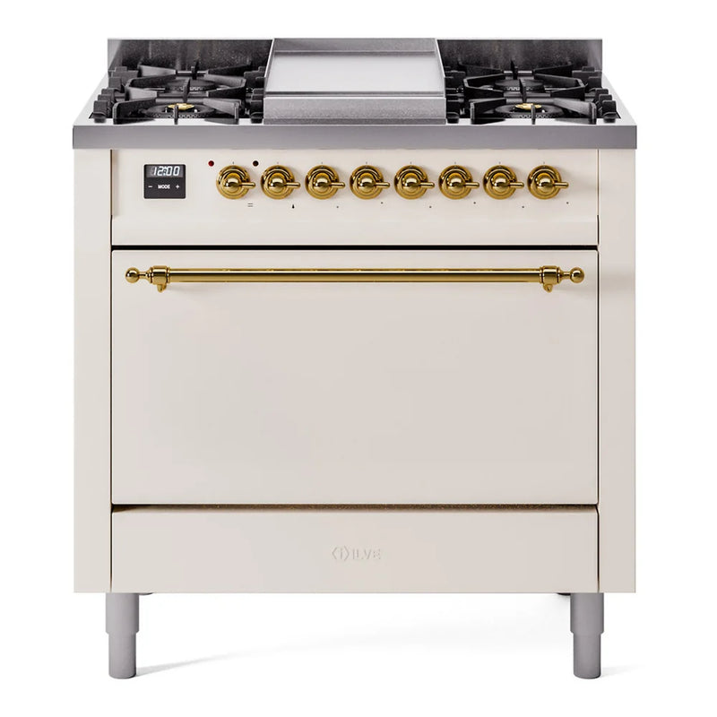 ILVE Nostalgie II 36" Dual Fuel Freestanding Range in Antique White with Brass Trim, UP36FQNMPAWGLP
