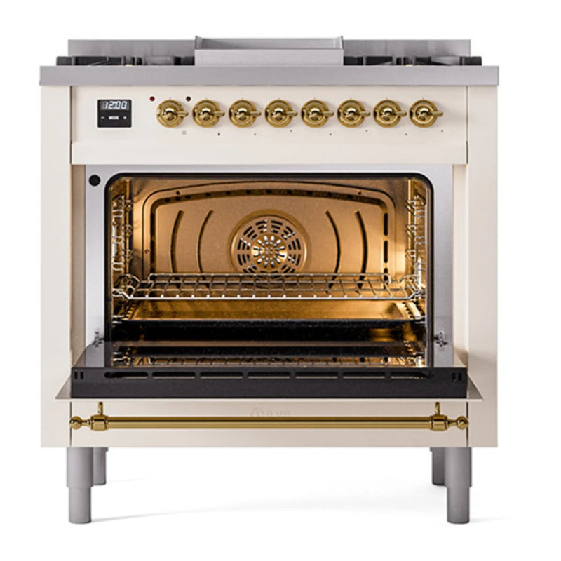 ILVE Nostalgie II 36" Dual Fuel Freestanding Range in Antique White with Brass Trim, UP36FQNMPAWGLP
