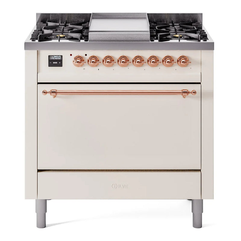 ILVE Nostalgie II 36" Dual Fuel Freestanding Range in Antique White with Copper Trim, UP36FQNMPAWP