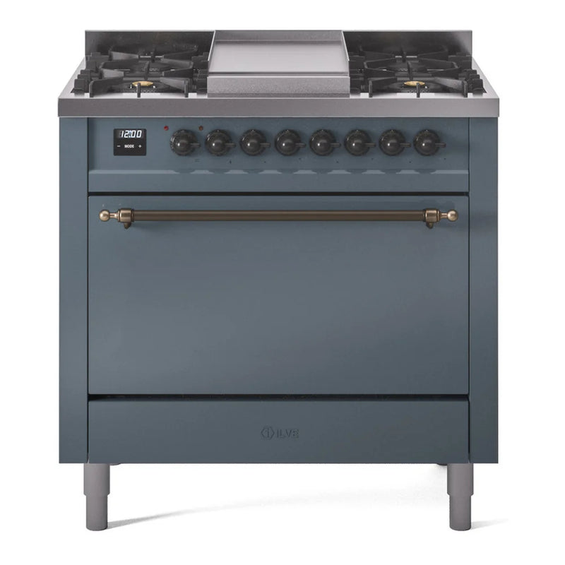 ILVE Nostalgie II 36" Dual Fuel Freestanding Range in Blue Grey with Burnished Trim, UP36FQNMPBGBLP