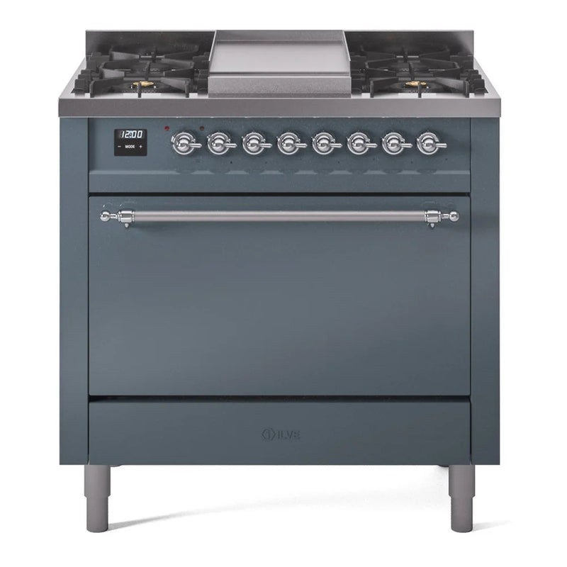 ILVE Nostalgie II 36" Dual Fuel Freestanding Range in Blue Grey with Chrome Trim, UP36FQNMPBGC