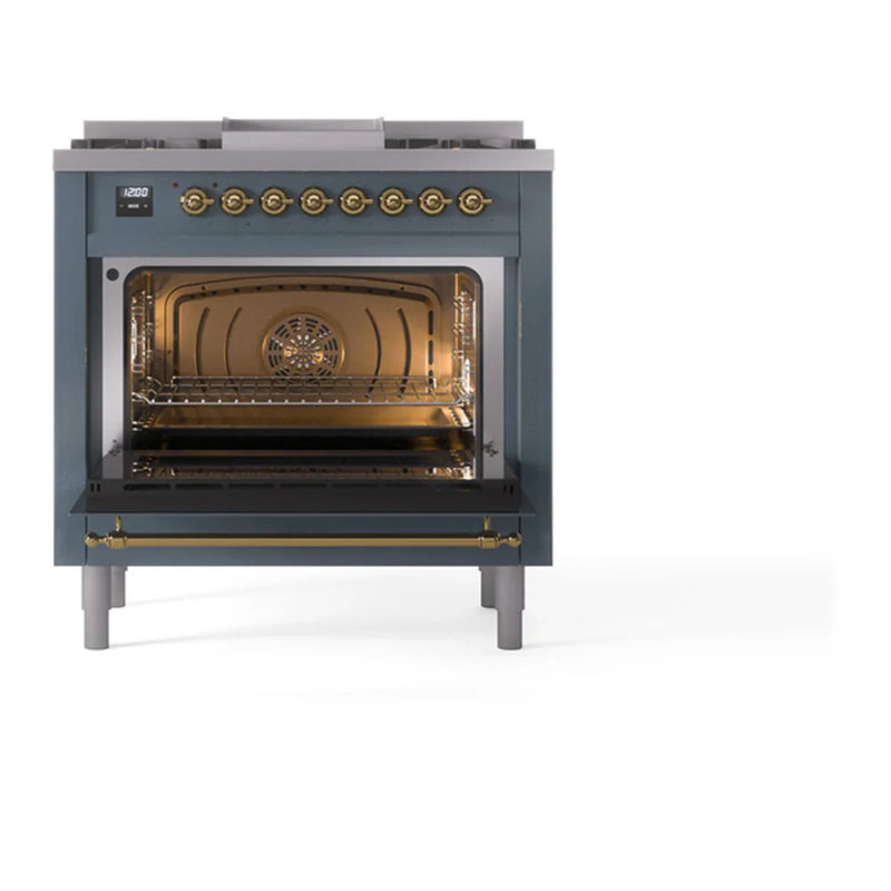 ILVE Nostalgie II 36" Dual Fuel Freestanding Range in Blue Grey with Brass Trim, UP36FQNMPBGG