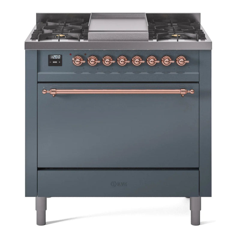 ILVE Nostalgie II 36" Dual Fuel Freestanding Range in Blue Grey with Copper Trim, UP36FQNMPBGPLP