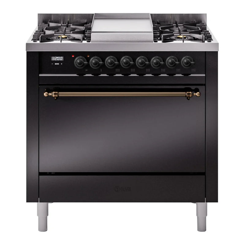 ILVE Nostalgie II 36" Dual Fuel Freestanding Range in Glossy Black with Burnished Trim, UP36FQNMPBKBLP