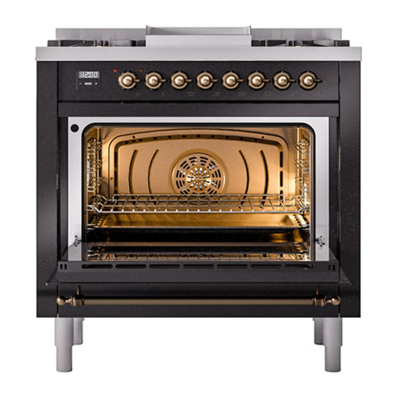 ILVE Nostalgie II 36" Dual Fuel Freestanding Range in Glossy Black with Burnished Trim, UP36FQNMPBKBLP