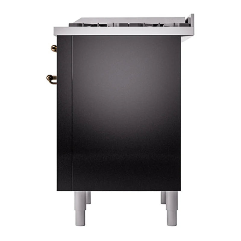ILVE Nostalgie II 36" Dual Fuel Freestanding Range in Glossy Black with Burnished Trim, UP36FQNMPBKBLP