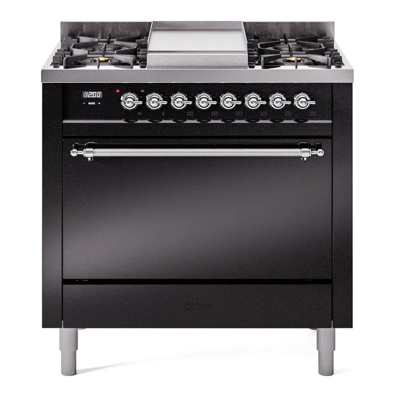 ILVE Nostalgie II 36" Dual Fuel Freestanding Range in Glossy Black with Chrome Trim, UP36FQNMPBKC
