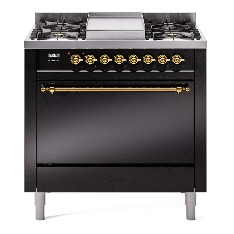 ILVE Nostalgie II 36" Dual Fuel Freestanding Range in Glossy Black with Brass Trim, UP36FQNMPBKGLP