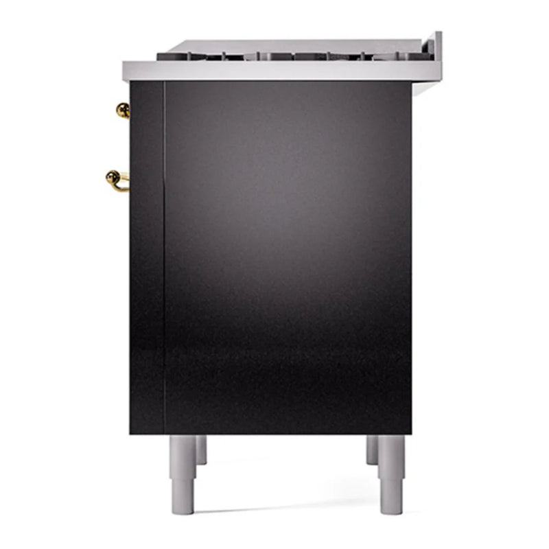 ILVE Nostalgie II 36" Dual Fuel Freestanding Range in Glossy Black with Brass Trim, UP36FQNMPBKGLP