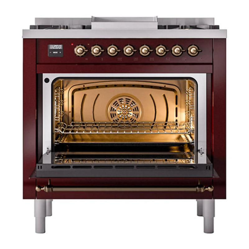 ILVE Nostalgie II 36" Dual Fuel Freestanding Range in Burgundy with Burnished Trim, UP36FQNMPBUB