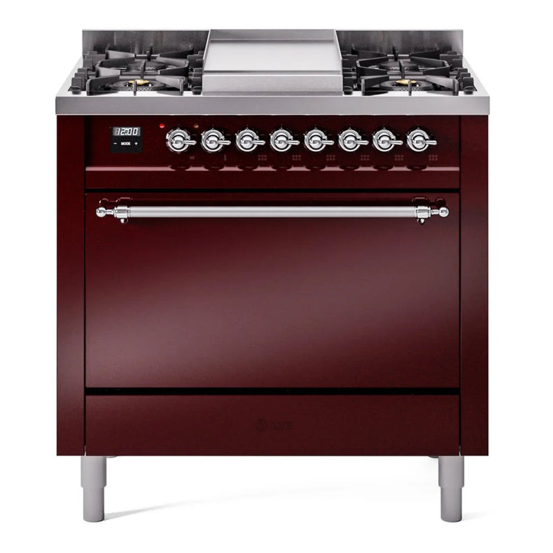 ILVE Nostalgie II 36" Dual Fuel Freestanding Range in Burgundy with Chrome Trim, UP36FQNMPBUC