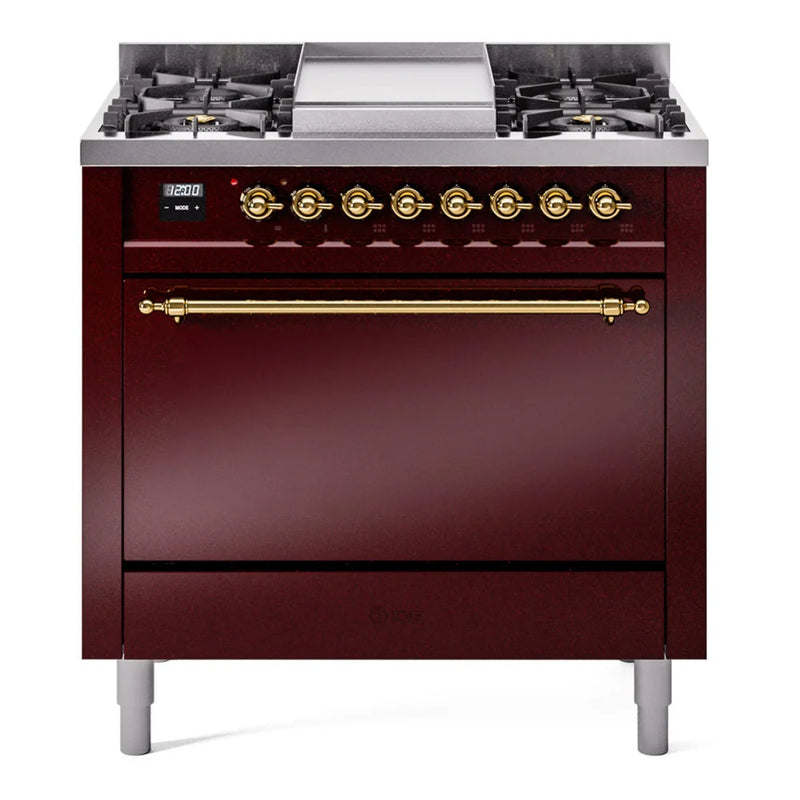 ILVE Nostalgie II 36" Dual Fuel Freestanding Range in Burgundy with Brass Trim, UP36FQNMPBUG