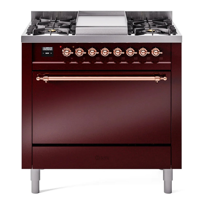 ILVE Nostalgie II 36" Dual Fuel Freestanding Range in Burgundy with Copper Trim, UP36FQNMPBUPLP