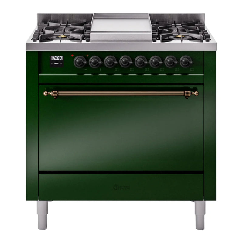 ILVE Nostalgie II 36" Dual Fuel Freestanding Range in Emerald Green with Burnished Trim, UP36FQNMPEGB