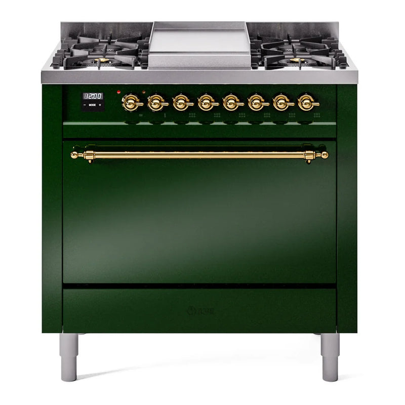 ILVE Nostalgie II 36" Dual Fuel Freestanding Range in Emerald Green with Brass Trim, UP36FQNMPEGG