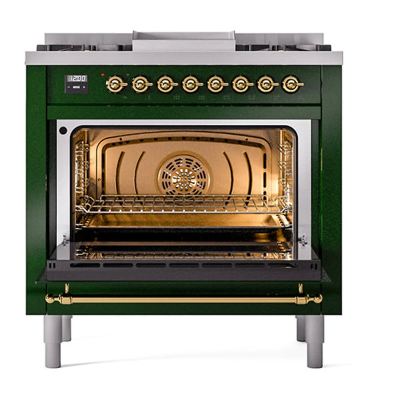 ILVE Nostalgie II 36" Dual Fuel Freestanding Range in Emerald Green with Brass Trim, UP36FQNMPEGG