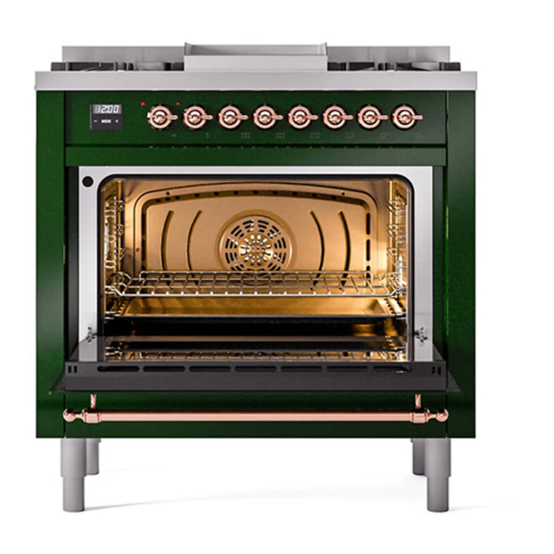 ILVE Nostalgie II 36" Dual Fuel Freestanding Range in Emerald Green with Copper Trim, UP36FQNMPEGPLP