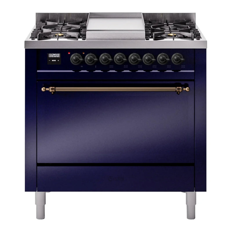 ILVE Nostalgie II 36" Dual Fuel Freestanding Range in Midnight Blue with Burnished Trim, UP36FQNMPMBB