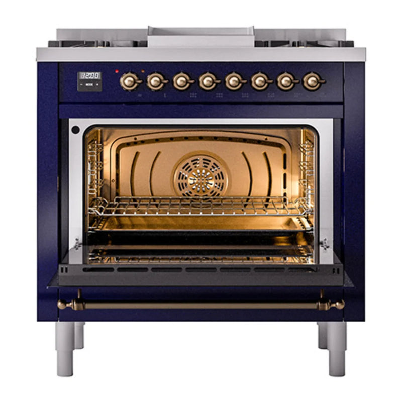 ILVE Nostalgie II 36" Dual Fuel Freestanding Range in Midnight Blue with Burnished Trim, UP36FQNMPMBB