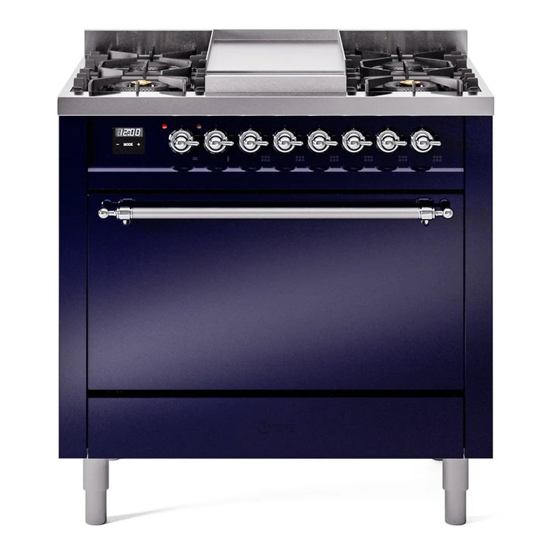 ILVE Nostalgie II 36" Dual Fuel Freestanding Range in Midnight Blue with Chrome Trim, UP36FQNMPMBCLP