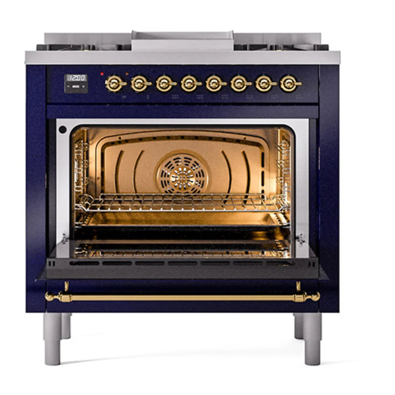 ILVE Nostalgie II 36" Dual Fuel Freestanding Range in Midnight Blue with Brass Trim, UP36FQNMPMBG