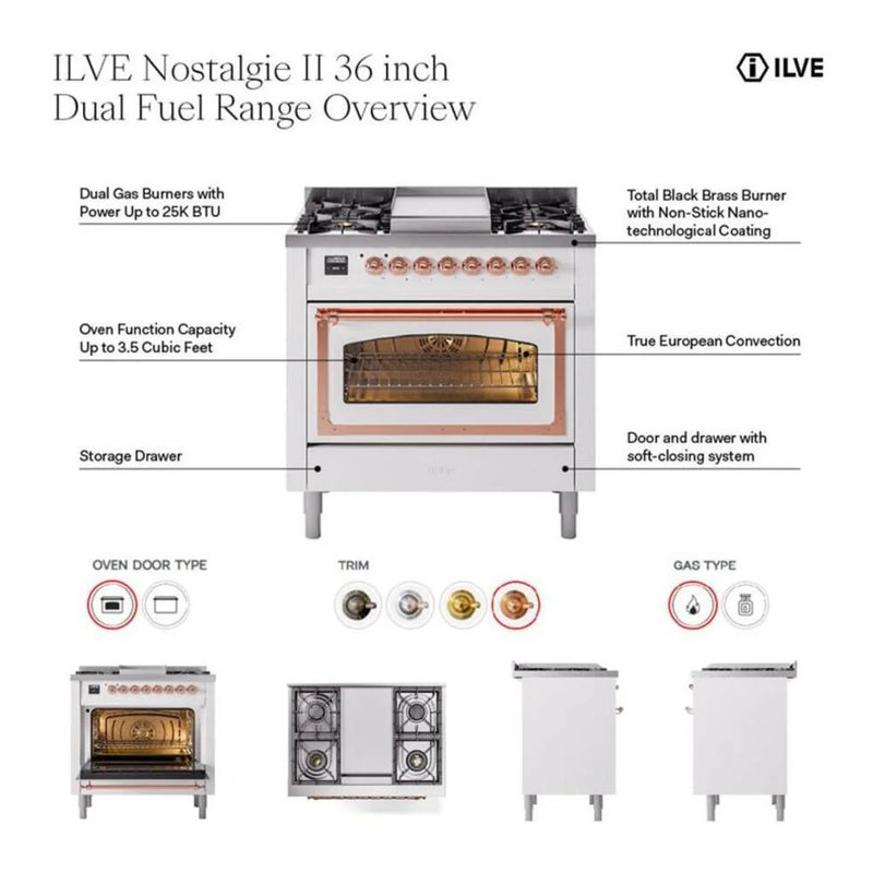 ILVE Nostalgie II 36" Dual Fuel Freestanding Range in Graphite Matte with Burnished Trim, UP36FQNMPMGB