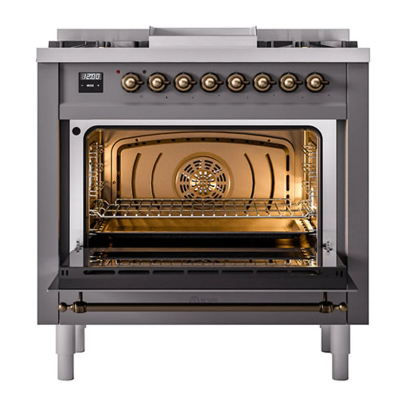 ILVE Nostalgie II 36" Dual Fuel Freestanding Range in Graphite Matte with Burnished Trim, UP36FQNMPMGB