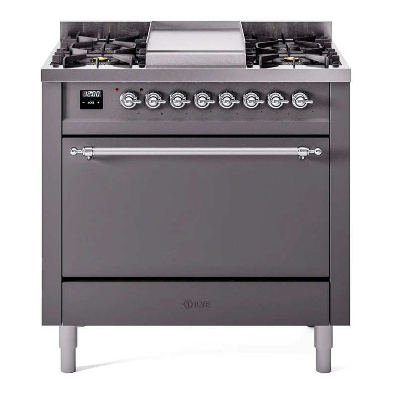 ILVE Nostalgie II 36" Dual Fuel Freestanding Range in Graphite Matte with Chrome Trim, UP36FQNMPMGCLP
