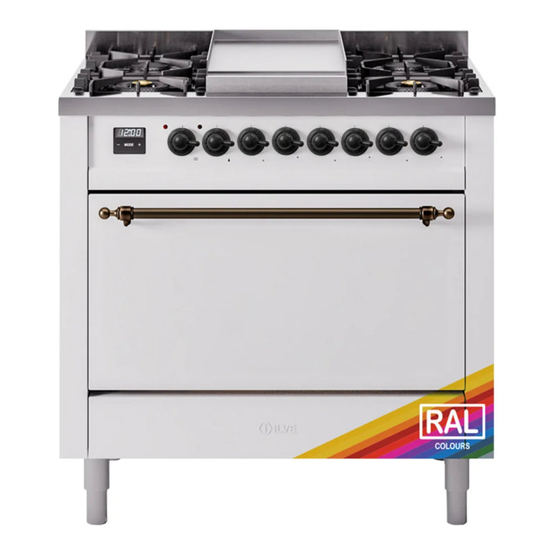 ILVE Nostalgie II 36" Dual Fuel Freestanding Range in RAL Color with Burnished Trim, UP36FQNMPRABLP