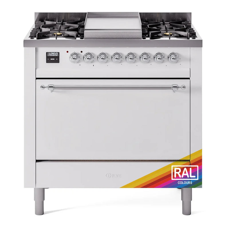 ILVE Nostalgie II 36" Dual Fuel Freestanding Range in RAL Color with Chrome Trim, UP36FQNMPRACLP