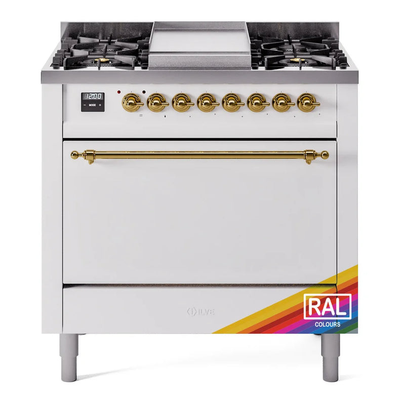 ILVE Nostalgie II 36" Dual Fuel Freestanding Range in RAL Color with Brass Trim, UP36FQNMPRAGLP