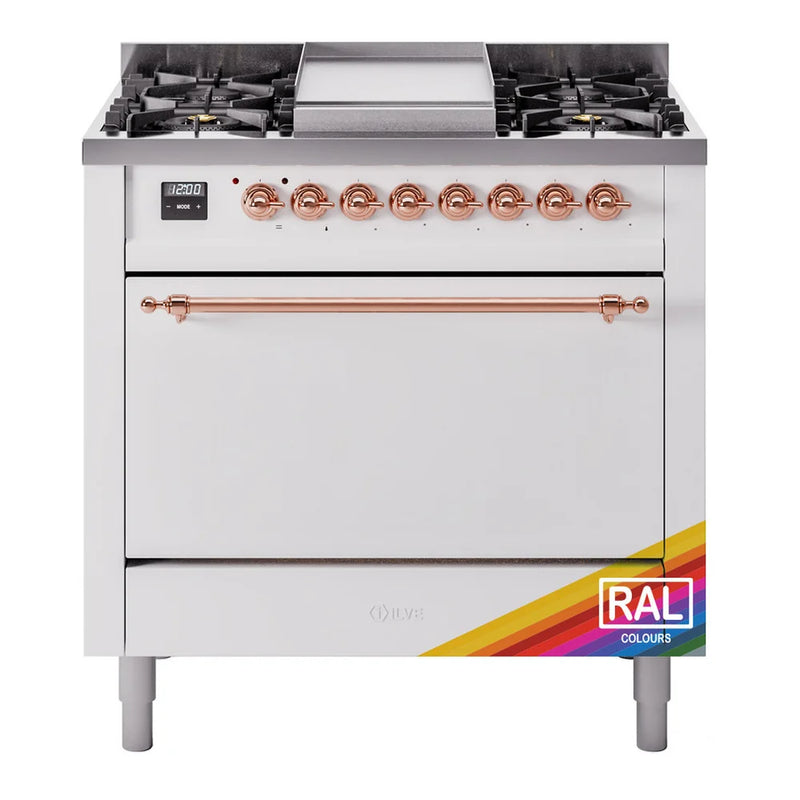 ILVE Nostalgie II 36" Dual Fuel Freestanding Range in RAL Color with Copper Trim, UP36FQNMPRAP