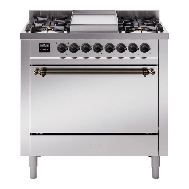 ILVE Nostalgie II 36" Dual Fuel Freestanding Range in Stainless Steel with Burnished Trim, UP36FQNMPSSBLP