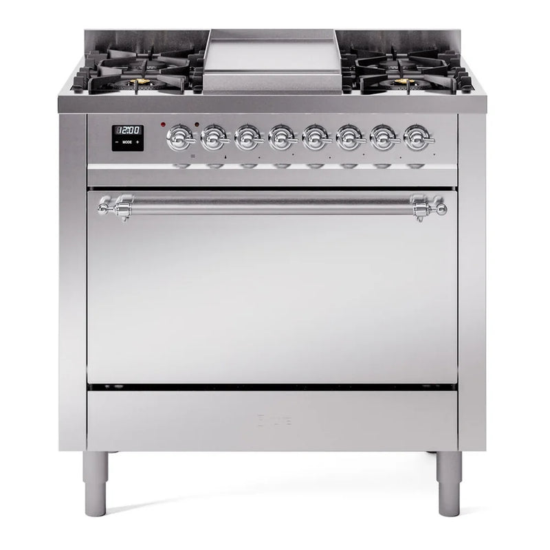 ILVE Nostalgie II 36" Dual Fuel Freestanding Range in Stainless Steel with Chrome Trim, UP36FQNMPSSCLP